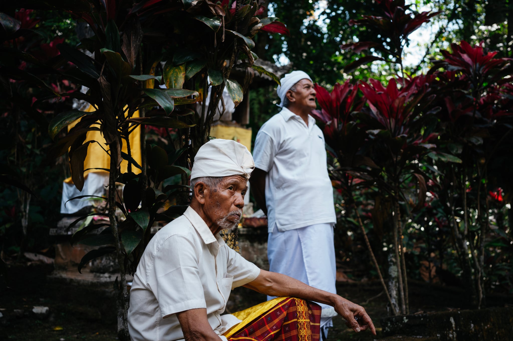 Two people in white clothing pause beneath dense garden foliage in a Bali courtyard.