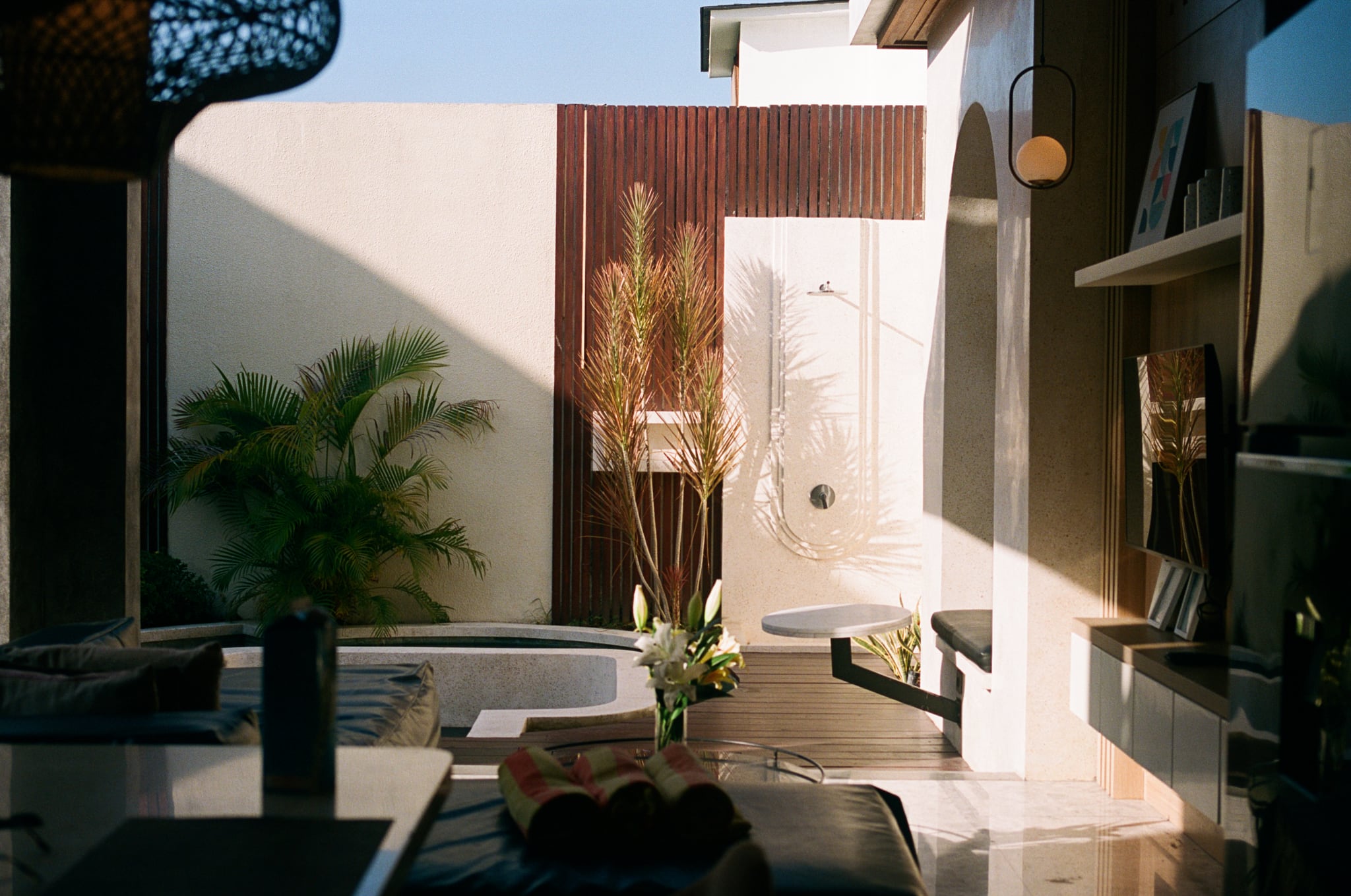 Hard sunlight falls across pale walls, dark steps, and plants in a quiet courtyard.