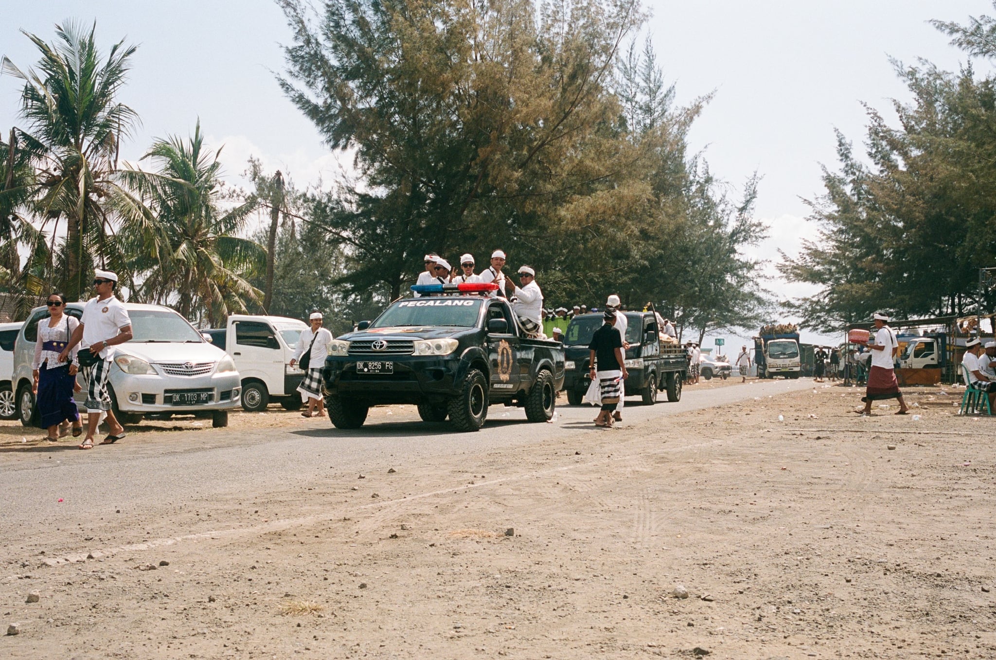 People and vehicles move along a broad, dusty road beneath palms and coastal trees.