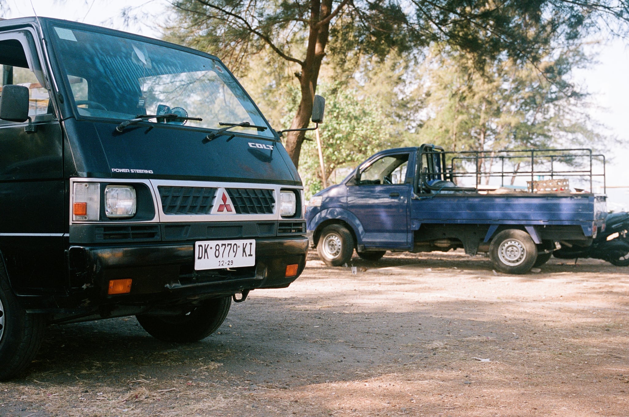 A green truck and a blue pickup sit beneath tall trees on sandy ground.