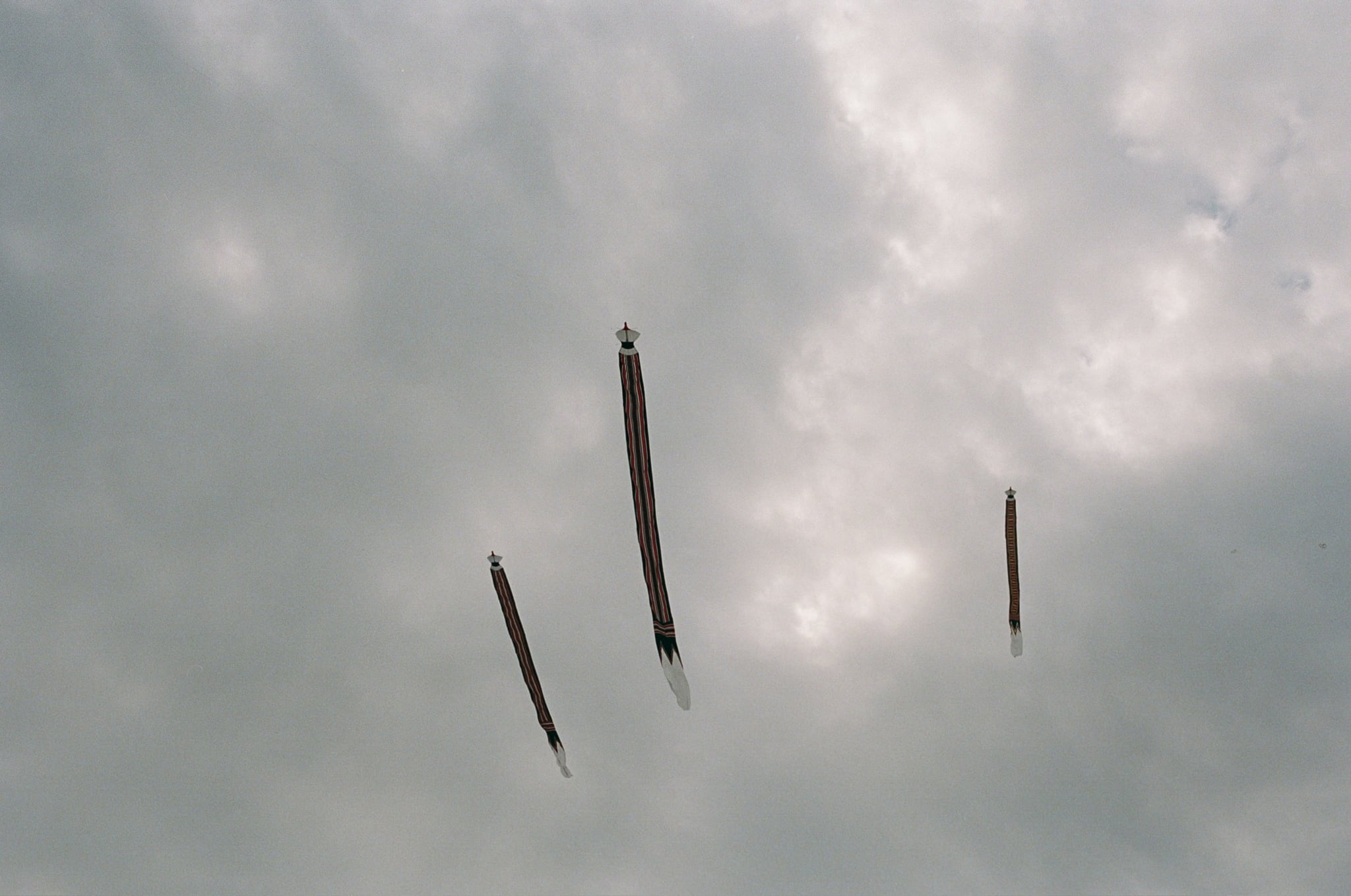 Several long, narrow kites hang beneath a layered grey sky.