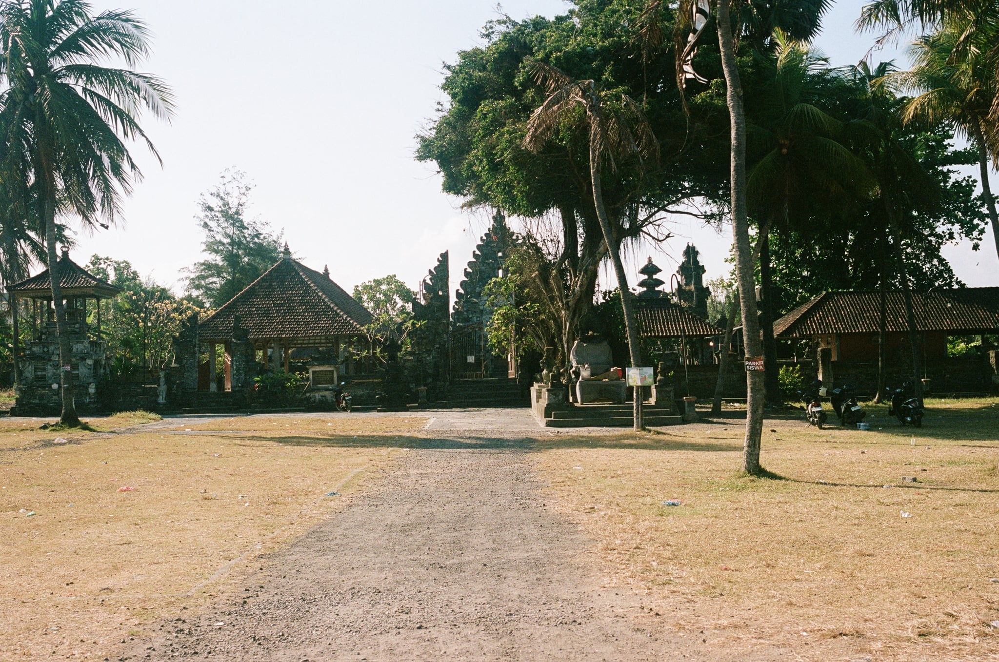 A broad path leads between palms and low buildings beneath a clear sky.