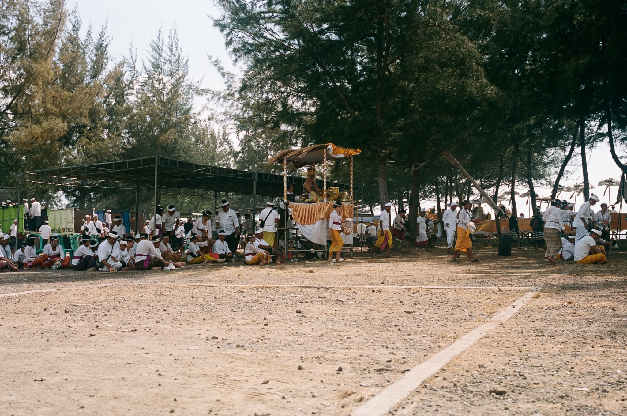 A large group sits beneath trees near a decorated canopy at the edge of an open field.