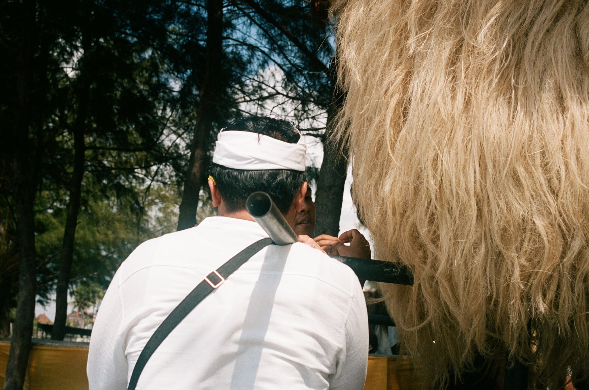 A close rear view of a person in white headwear carrying a pole beside a large straw-textured form.